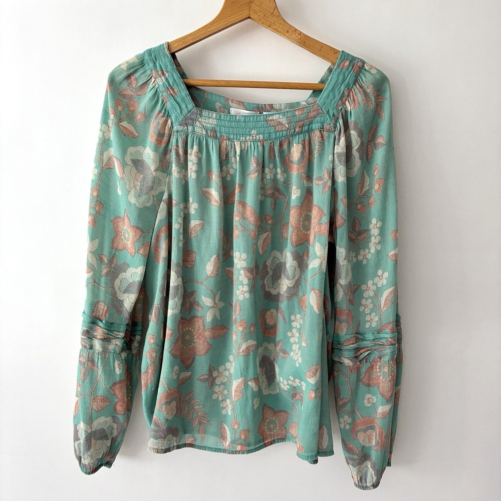 LC Lauren Conrad Blouse Women's XXL Square Neck Teal Coral Floral Peasant Boho